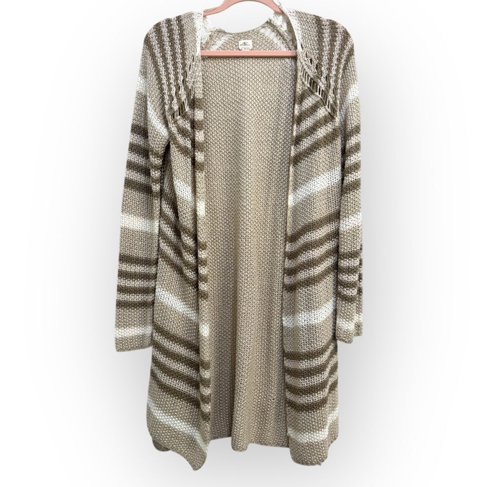 O’Neill Open Front Striped Knit Cardigan Sweater Size Large – Beige/Taupe